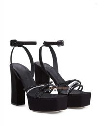 Sandals Silvery Black Crystal Embellished Platform Multi Way Strap High Heel Sandal Shoes Woman Buckle Fastening Block