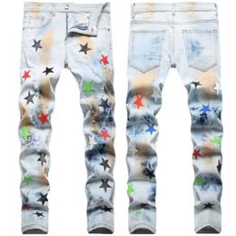 Men's Jeans Versatile Men Ripped Jeans Hole Patch Stretch Pencil Denim Pants Streetwear Elastic Hip Hop Star Pattern Embroidery Casual Jeans Z0508