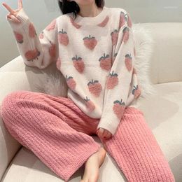 Women's Sleepwear Kuzuwata Japanese Homewear Underwear O Neck Long Sleeve Cherry Top High Waist Wide Leg Pant Pyjama Sets