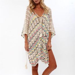 Casual Dresses 2023 Striped V-Neck Bats Sleeve Side Split Loose Summer Beach Dress Sexy Women Plus Size Beachwear Sarongs Plage N870