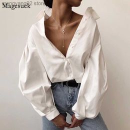 Women's Blouses Shirts Casual Vintage Sexy Button White Blouse Women Lantern Sleeve Oversized Loose Women Shirt Cotton Office Ladies Tops Blusas 10903 T230508