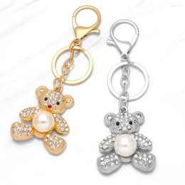Keychains FLOLA Gold Silver Colour Little Pearl Bear Keychain For Women Girls Bag Car Key Holder Alloy Cute Rhinestone Jewellery Kcha026