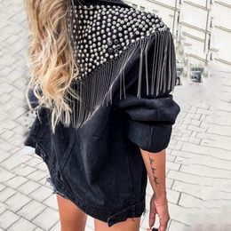 Women's Jackets TEELYNN Boho Black Denim jacket For Women Coats Long Sleeve Autumn Loose fringe Jean Jackets Beaded rivets Casual Outwear 230508