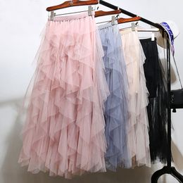 Skirts Korean Sweet Patchwork Ruffled Irregular Maxi Long Mesh Skirts Chic Fairy High Low A-line Pleated Flounced Ankle Long Skirts 230508