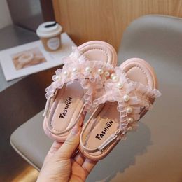 Sandals Fashion Ruffles Pearl Girls Sandals Solid Loop Princess Shoes For Kids Comfortable Non Slip Beach Children Sandals