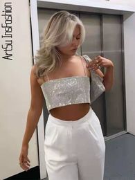 Camisoles Tanks Glitter Crop Top Women Sleeveless Vest Off Shoulder Open Back Y2K Clothes Summer Party Tube Cami Sexy Tank s Clubwear 230508