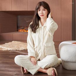 Women's Sleepwear Thick Velvet Coral Fleece Pyjamas Women Warm Flannel Jacquard Long-Sleeved Autumn And Winter Home Service Suit Pyjamas