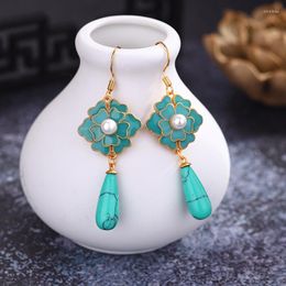 Dangle Earrings In Vintage Turquoise Camellia For Women Chinese Design Accessories Antique Gold Craft Enamel Drop Eardrop Jewelry