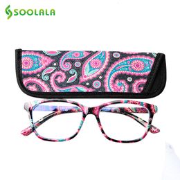 Reading Glasses SOOLALA Square Spring Hinge Floral Printed Anti Blue Light Women Presbyopic with Cases 0.5 0.75 to 4.0 230508