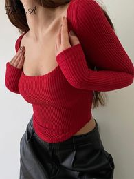 Women's T-Shirt FSDA Red Square Neck Long Sleeve T Shirts Women Basic Skinny Casual Autumn Winter Sexy Crop Top Streetwear Y2K Ruched 230508