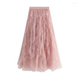 Skirts 2023 Summer Women's Y2K Cake Skirt Irregular Cut Fashion High Waist Mesh Temperament 8868 White Pink Black Grey Apricot