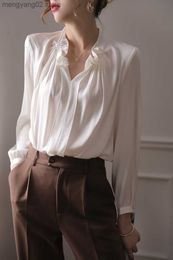 Women's Blouses Shirts Satin Solid Women's Blouse Loose White Casual Shirt Summer Long Sleeves Elegant Top Fashion New 2023 Folds Female Clothing T230508