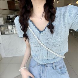 Women's Knits Korejepo Hollow Out Knitted T-shirt Short Sleeved Women Summer Thin Cardigan V-neck Top Age Reducing Sweet Beautiful Shirts