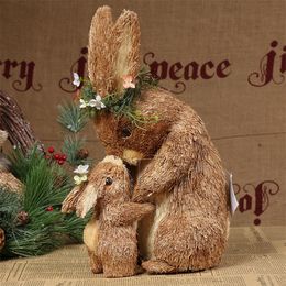 Decorative Objects Figurines Easter Creative Mother and Child Rabbit Decoration with Flower Cute Straw Bunny Home Decorative Ornaments 230508