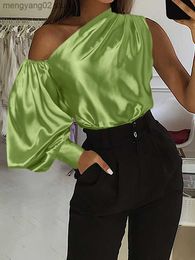 Women's Blouses Shirts Shiny Satin One Shoulder Blouse Elegant Women 2023 Fashion Lantern Sleeve Tops Casual Asymmetrical Streetwear Shirts T230508