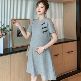 Maternity Dresses 19503# Dress Summer Short Sleeves Korean Style Loose A Line T-Shirt Pregnant Women Plus Size Mom