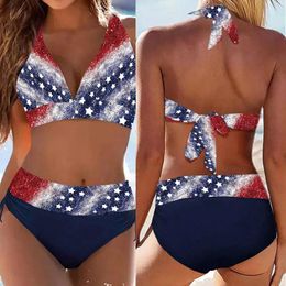 Women's Swimwear Women's Swimsuit National Flag Print Ties Halter Neck Split Bikini Back Drawstring Set