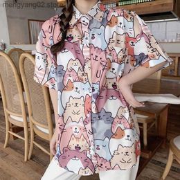 Women's Blouses Shirts MINGLIUSILI Kawaii Button Up Shirt Fashion 2021 Summer Cat Print Blouse Women Short Sleeve Loose Casual Korean Style Clothing T230508