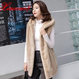 Parkas Beige Black Warm Long Imitation Fur Women Vest Winter Hooded Solid Sleevelss Jacekts Coat High Quality Over Size Gilet Femme