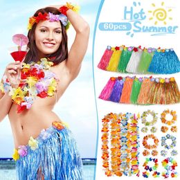 Decorative Flowers Hawaii Party Grass Skirt Wreath Set Leis Garland Flower Artificial Necklace Beach Farmhouse Wedding Birthday Decor