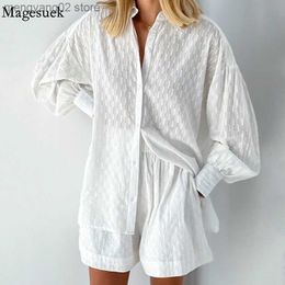 Women's Blouses Shirts Women White Shorts Sets 2023 Summer hollow Loose Shirt And Shorts Suit 2 Piece Sets Fabric Lantern Sleeve Female Outfits 22076 T230508