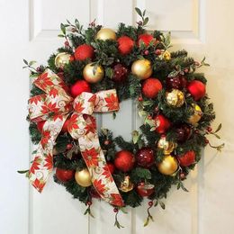 Decorative Flowers 2023 Year Door Hanging Garland 30-60cm Red Christmas Wreath Xmas Ball Bows For Front Champagne Gold Window Wall Wreaths