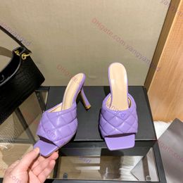 New Bread Sandals Fashion Outwear Square Toe Open Toe High Heels Padded Muller Shoes Rhombic Design Sheep Leather Slippers Sandals