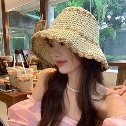 Wide Brim Hats Korean Straw Sun Hat Women's Summer Versatile Bucket Seaside Vacation Basin Cap Colour Matching Foldable Fashion Caps