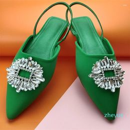 Sandals 2023 Luxury Women Flats Wedding Bride Glitter Crystal Sun Flower Silk Sandles Lady Slingback Mules Green Yellow Shoes