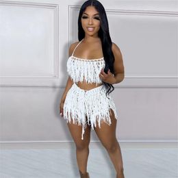 Women's Tracksuits LEOSD Sexy Bodycon Crochet Knitted 2 Piece Outfits Summer Crop Tops Shorts Sets Beach Tassel See Through Set