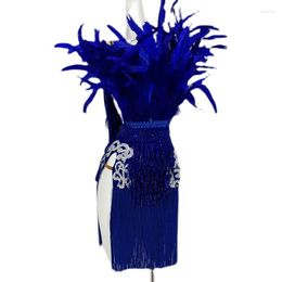 Stage Wear Latin Dance Dress Illustration Feather Style With Flash Diamond Sling Tassle Skirt Tango Adult Professional Clothing