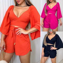 Women's Tracksuits V Neck Backless Flared Sleeve Shirt And Lace Up High Waist Shorts Fashion Casual Suit Plus Size Sexy Nipped Crop Top