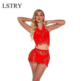 NXY Sexy Set 2 PCS Lady See through Lingerie Solid Color Polka Top Perspective Mesh Underpant Nightwear Halter Fishnet 1130