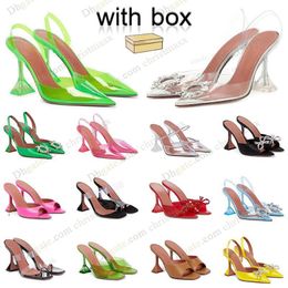 Satin High Amina Muaddi Sandals Heeled Shoes Dress Shoe Luxury Bow Crystal-Embellished Buckle Pointed Toe transparent wine cup heel Sunflower Pcv Sandal with box