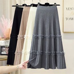 Skirts Lace Ruffle Knitted Midi Pleated Skirt Women Autumn Winter High Waist Umbrella Solid Skirt Stitching A-Line Skirt Long Skirt 230508