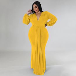 Plus size Dresses Chic Woman Evening Passa Dress Size Lantern Sleeve Slit Back Belted Ladies Gown Arrival Fall Female Outfit 230506