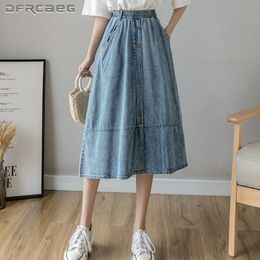 Skirts Loose Single-Breasted Denim Long Skirt Woman Elastic High Waist Streetwear Washed A-Line Skirts Jeans Female Light Blue 230508