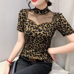 Women's T Shirts #6262 Summer Leopard Mesh Shirt Women Hollow Out Turtleneck Womens Tshirt Short Sleeves Vintage Streetwear Tee Sexy T-shirt