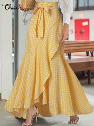 Skirts Maxi Skirts Women Summer Celmia Fashion High Waist Wrap Long Skirt Asymmetrical Vintage Plaid Ruffled Mermaid Bottom Femme 230508