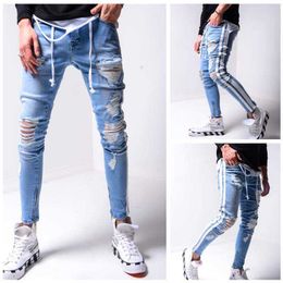 Men's Jeans Mens Ripped Skinny Jeans Male Biker Side Striped Jeans Men's Fashion Foot Mouth Zipper Hip Hop Stretch Pants Slim Denim Trousers Z0508