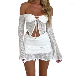 Work Dresses Xingqing 2 Piece Skirt Sets Womens Outfits Sexy White Strapless Tube Top Crop Bodycon Mini Two Clothes Clubwear