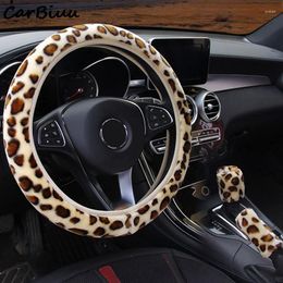 Steering Wheel Covers Car Leopard Printed Auto Steering-wheel Plush Winter Hand Brake Gear Cover Set Interior Accessories