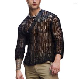 Men's T Shirts Sexy Men Sheer Mesh Shirt Transparent O-neck Hollow Out Long Sleeve Clothing Streetwear Solid Party Nightclub Tops