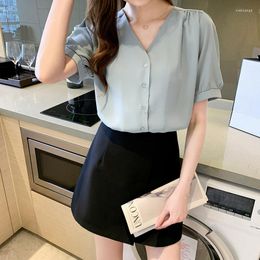 Women's Blouses Elegant Office Ladies Shirt Korean Style Womans Blouse Spring Summer Short Sleeve Solid Colour Chiffon Tops Blusa Mujer