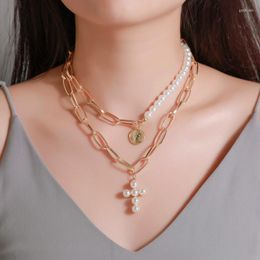 Pendant Necklaces Trendy Personality Thick Chain Pearl Cross Necklace Women Fashion Exquisite Gold Clavicle Collar Jewellery