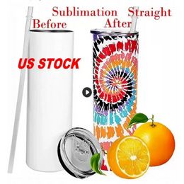 CA US warehouse Tumblers Straight 20oz Sublimation Blank Vacuum Insulated 600ml Coffee Tea Mugs Portable Car Cups