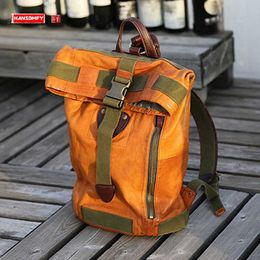 Backpacking Packs Genuine Leather Men Backpack Large Capacity Men's Bucket Bag Portable Handbag Cowhide Outdoor Camping Travel Backpacks Schoolbag P230508