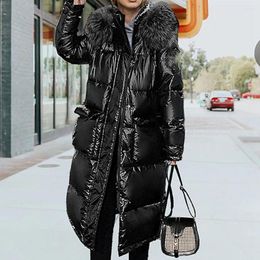 Women's Trench Coats Wepbel Women Mid-Length Overcoats Jackets Fur Collar Glossy Down Parkas Cotton-Padded Jacket Thickened Coat