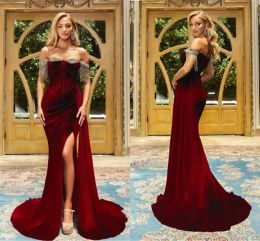 Graceful Burgundy Prom Evening Dresses With Tassel Sexy Off Shoulder Split Evening Gowns Arabic Stylish Long Party Occasion Vestidos BC15189