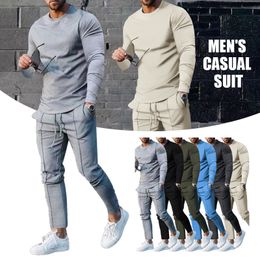 Men's Tracksuits Men Autumn Slim Sports Suit Two-piece Round Neck Long Sleeve T-shirt Pants Suit T-shirt And Sweatpant Tracksuit Sweatsuit 230508